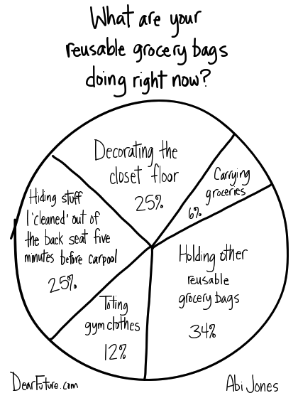 Chart showing current uses for reusable grocery bags: Decorating the closet floor: 25%, Holding stuff I 'cleaned' out of the back seat five minutes before carpool: 25%, Carrying groceries: 6%, Toting gym clothes: 12%, Holding other reusable grocery bags: 34%