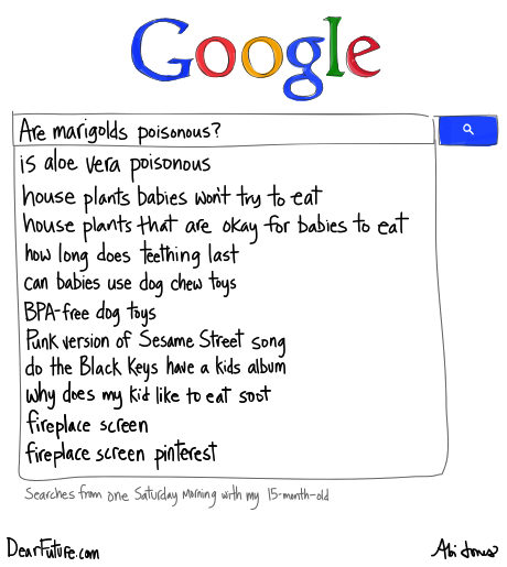 A Google search page with the following searches showing in the history: Are marigolds poisonous? is aloe vera poisonous? house plants babies won't try to eat, house plants that are okay for babies to eat, how long does teething last, can babies use dog chew toys, BPA-free dog toys, Punk version of the Sesame Street song, do the Black Keys have a kids album, why does my kid like to eat soot, fireplace screen, fireplace screen pinterest