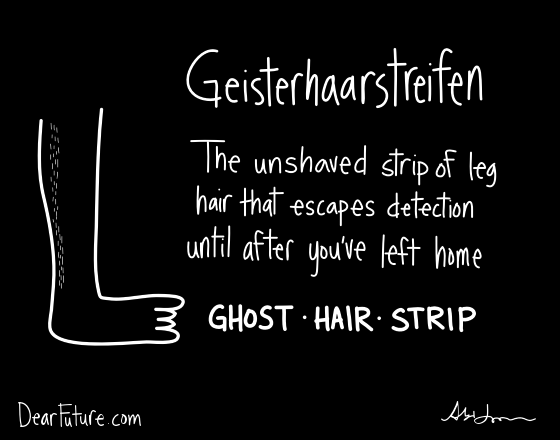 Geisterhaarstreifen: Definition: A made up German word for the unshaved strip of leg hair that escapes detection until after you've left home. GHOST - HAIR - STRIP.